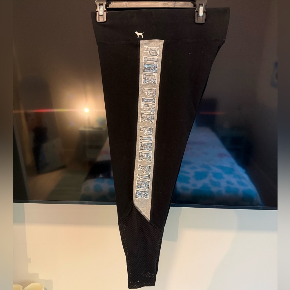 Pink Victoria's Secret Black Leggings with Silver and Sequined Accents